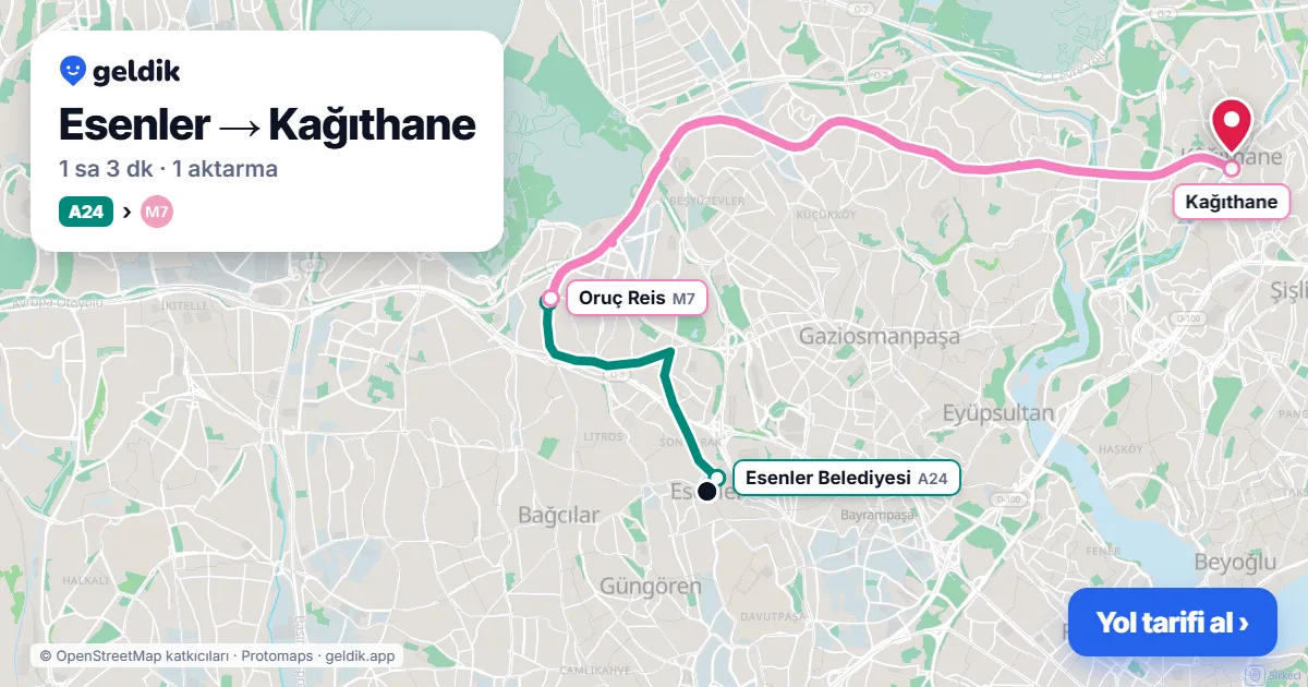 Esenler – Kağıthane yol haritası: A24 minibüsü → M7 ile ~1 sa 3 dk