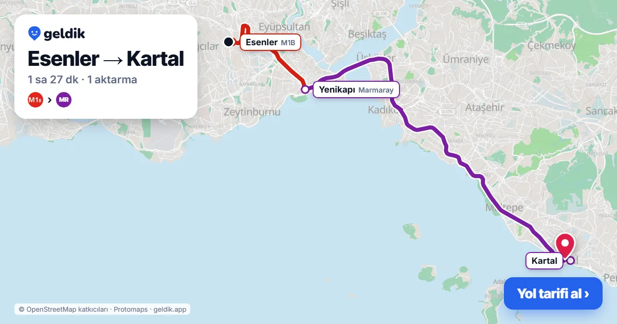 Esenler – Kartal yol haritası: M1B → Marmaray ile ~1 sa 27 dk