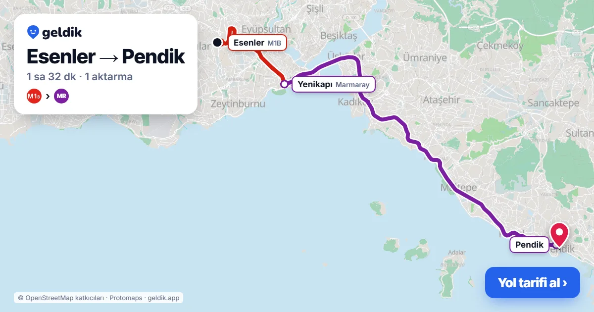Esenler – Pendik yol haritası: M1B → Marmaray ile ~1 sa 32 dk