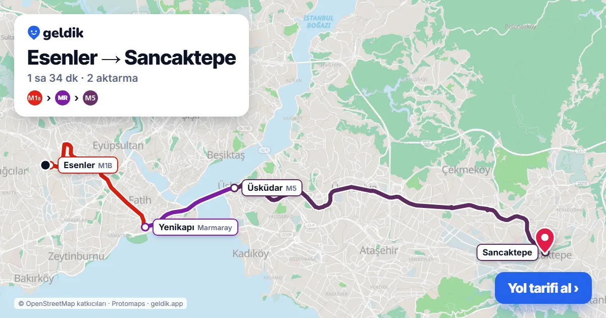 Esenler – Sancaktepe yol haritası: M1B → Marmaray → M5 ile ~1 sa 34 dk