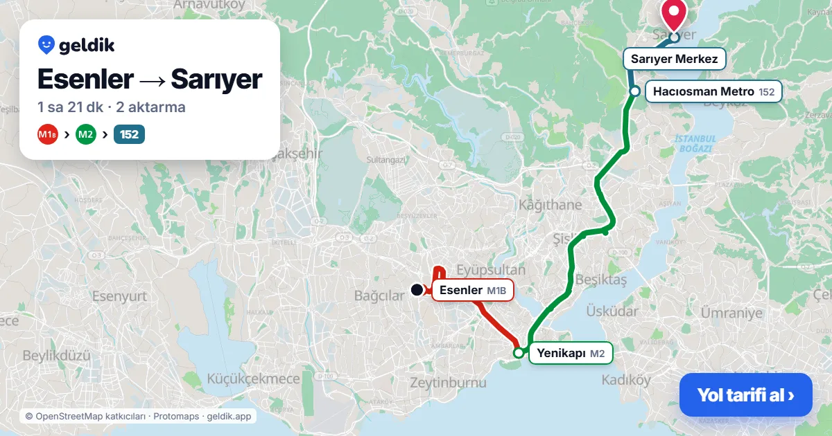 Esenler – Sarıyer yol haritası: M1B → M2 → 152 otobüsü ile ~1 sa 21 dk
