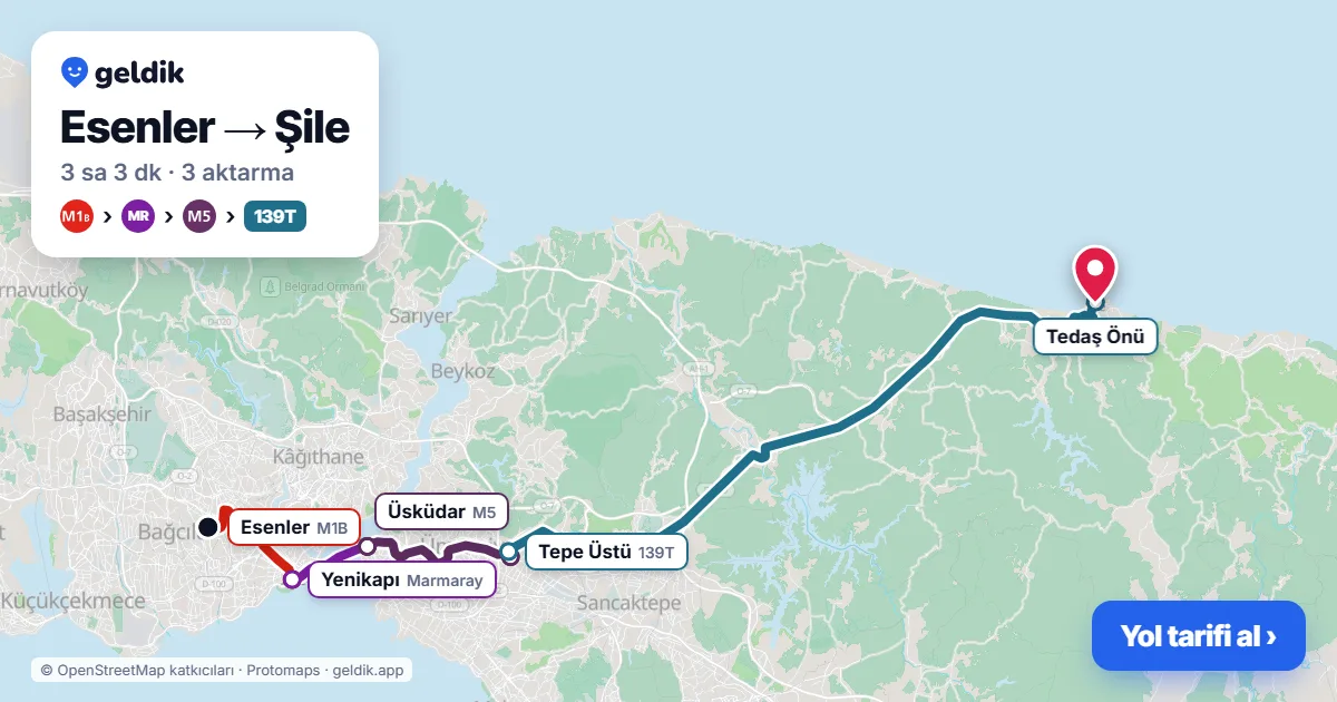 Esenler – Şile yol haritası: M1B → Marmaray → M5 → 139T otobüsü ile ~3 sa 3 dk