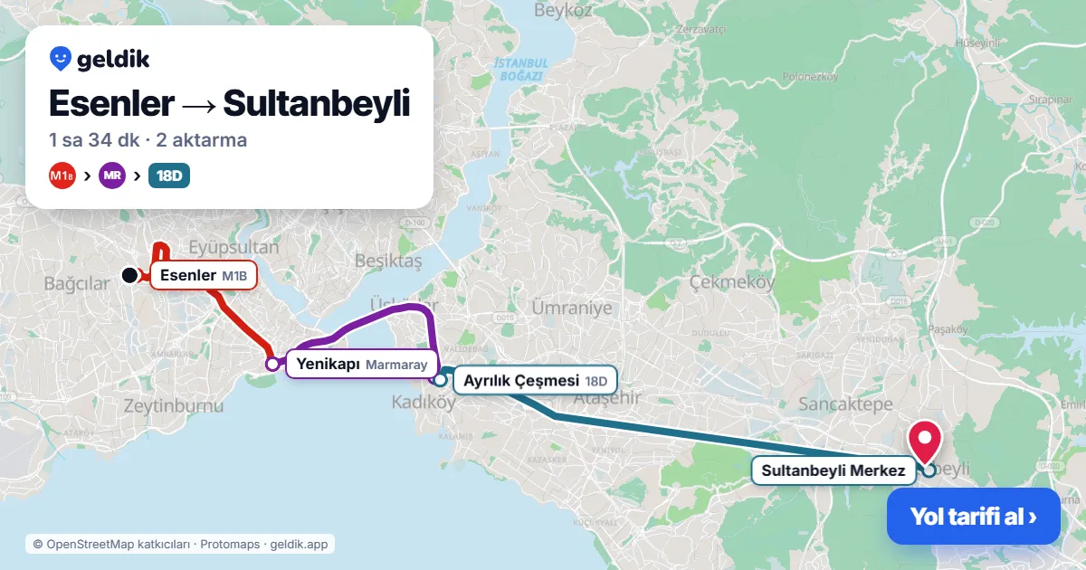 Esenler – Sultanbeyli yol haritası: M1B → Marmaray → 18D otobüsü ile ~1 sa 34 dk