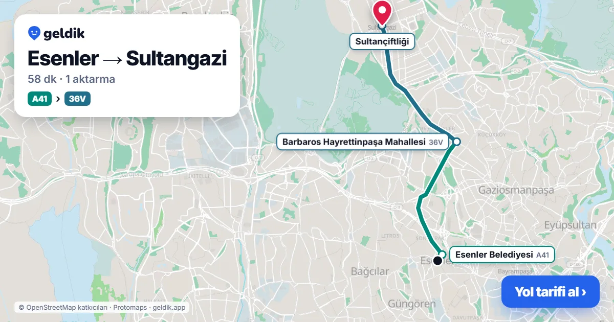 Esenler – Sultangazi yol haritası: A41 minibüsü → 36V otobüsü ile ~58 dk