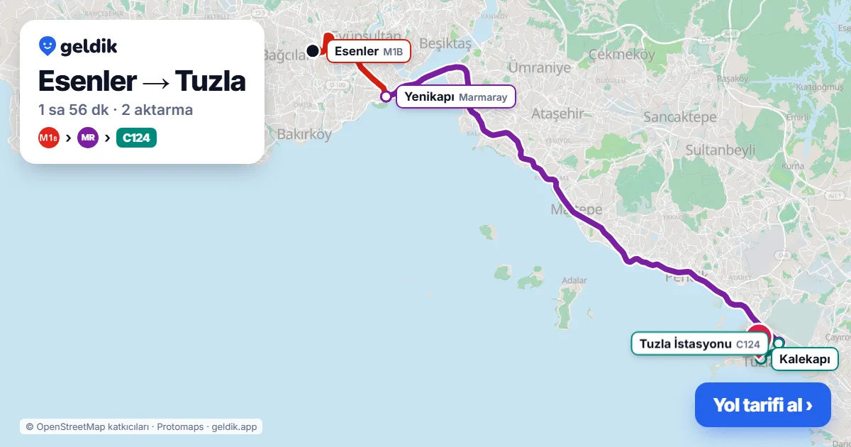 Esenler – Tuzla yol haritası: M1B → Marmaray → C124 minibüsü ile ~1 sa 56 dk