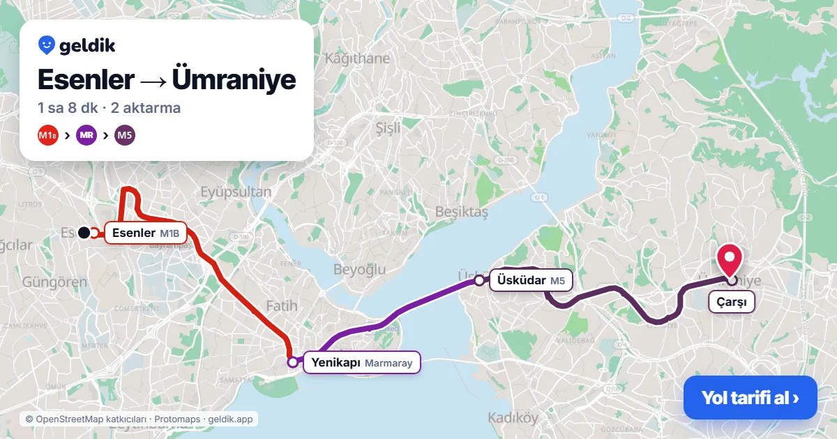 Esenler – Ümraniye yol haritası: M1B → Marmaray → M5 ile ~1 sa 8 dk