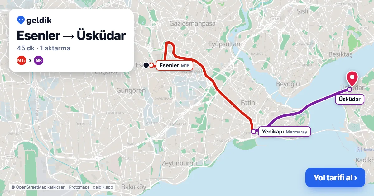 Esenler – Üsküdar yol haritası: M1B → Marmaray ile ~45 dk