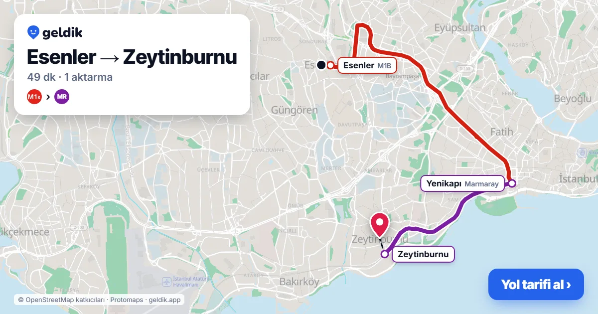 Esenler – Zeytinburnu yol haritası: M1B → Marmaray ile ~49 dk