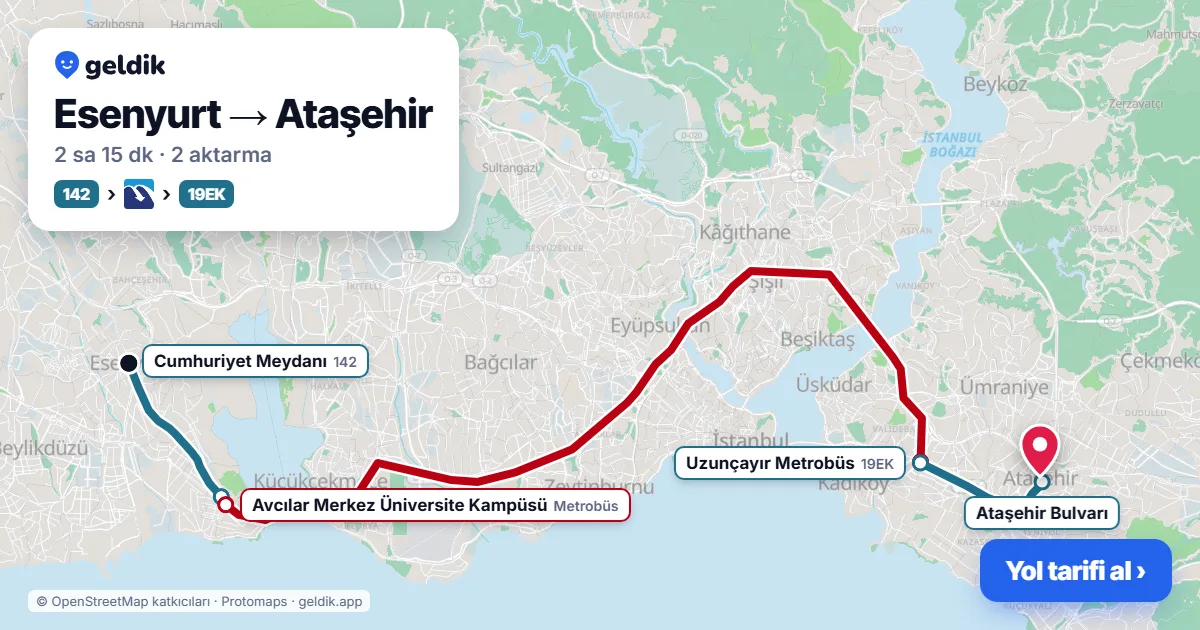 Esenyurt – Ataşehir yol haritası: 142 otobüsü → Metrobüs → 19EK otobüsü ile ~2 sa 15 dk