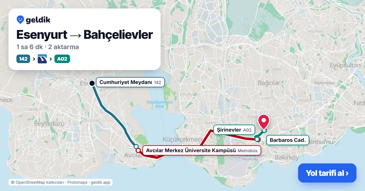 Esenyurt – Bahçelievler yol haritası: 142 otobüsü → Metrobüs → A02 minibüsü ile ~1 sa 5 dk