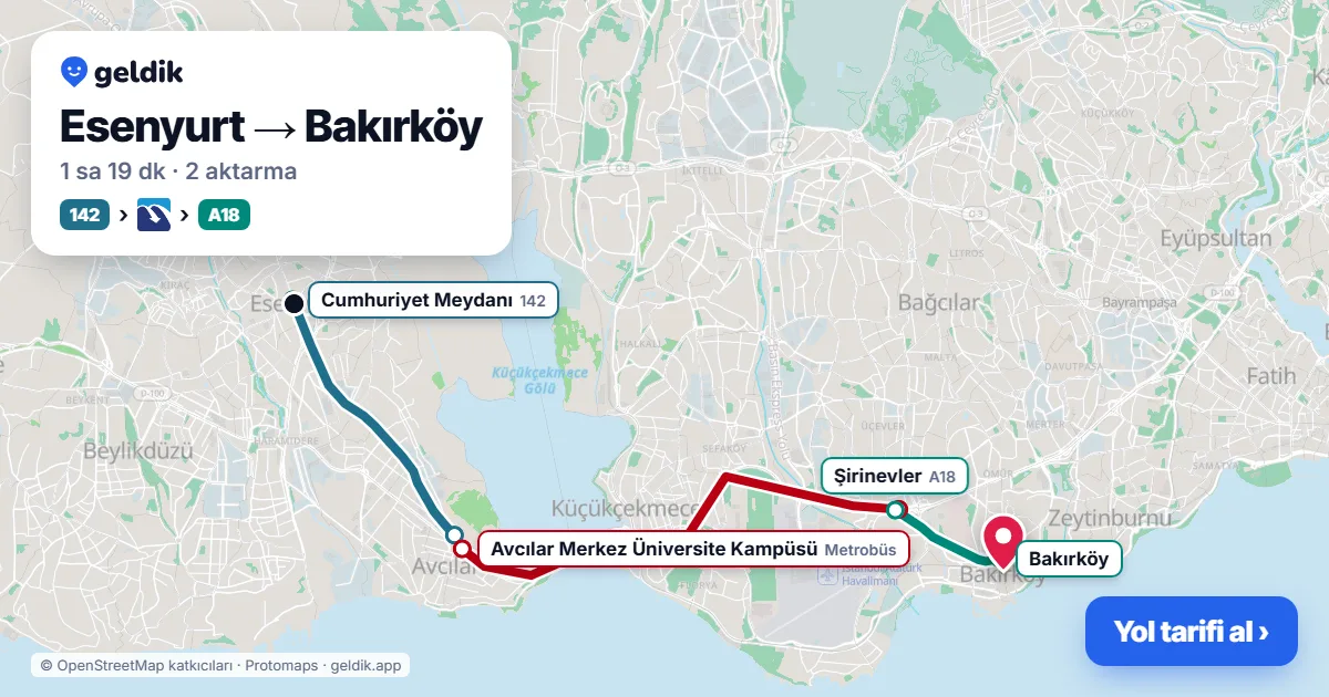 Esenyurt – Bakırköy yol haritası: 142 otobüsü → Metrobüs → A18 minibüsü ile ~1 sa 18 dk
