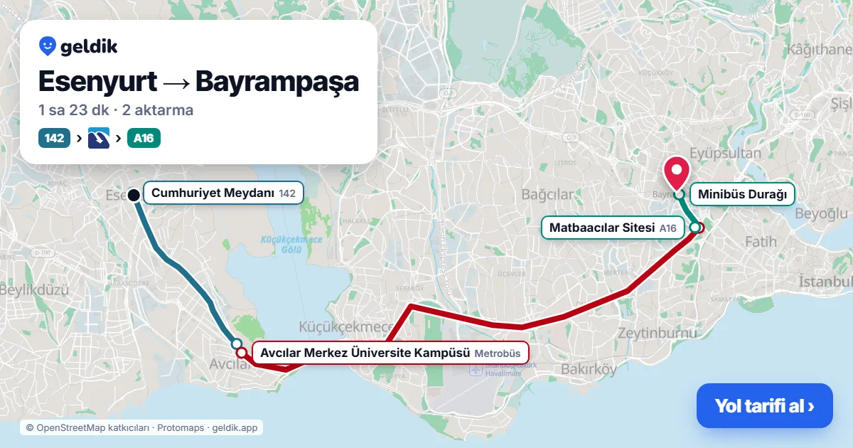 Esenyurt – Bayrampaşa yol haritası: 142 otobüsü → Metrobüs → A16 minibüsü ile ~1 sa 22 dk