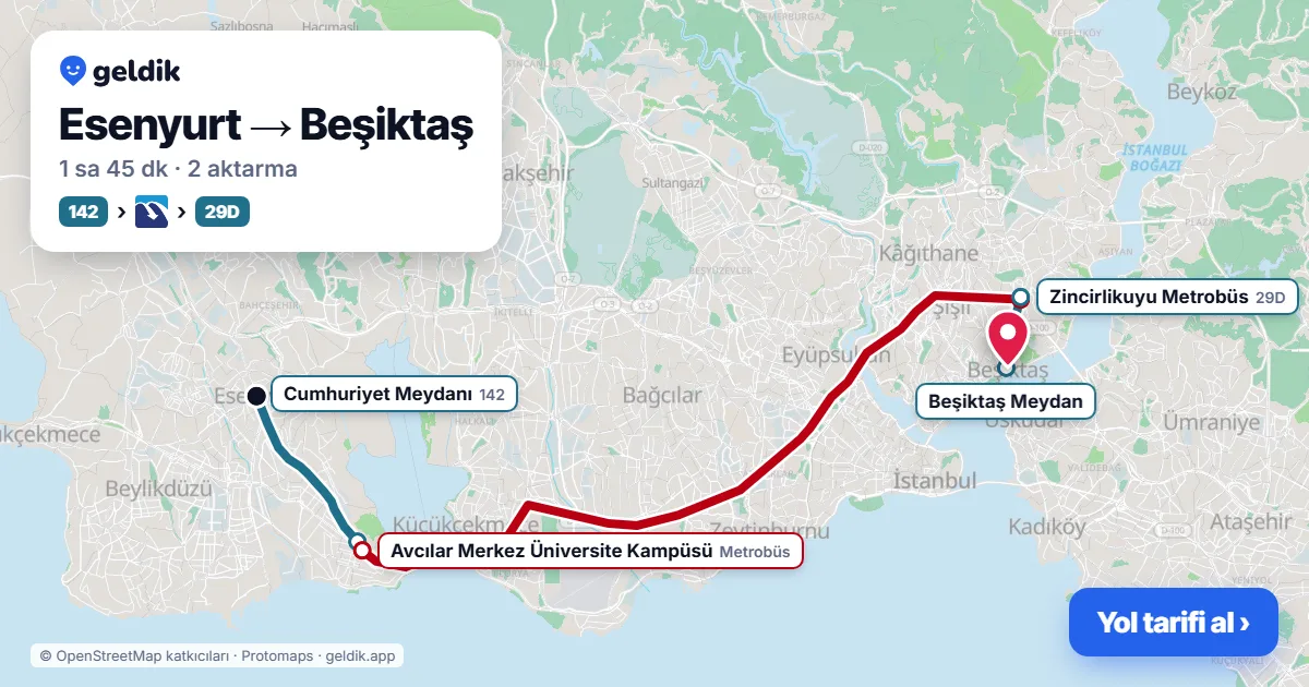Esenyurt – Beşiktaş yol haritası: 142 otobüsü → Metrobüs → 58N otobüsü ile ~1 sa 46 dk