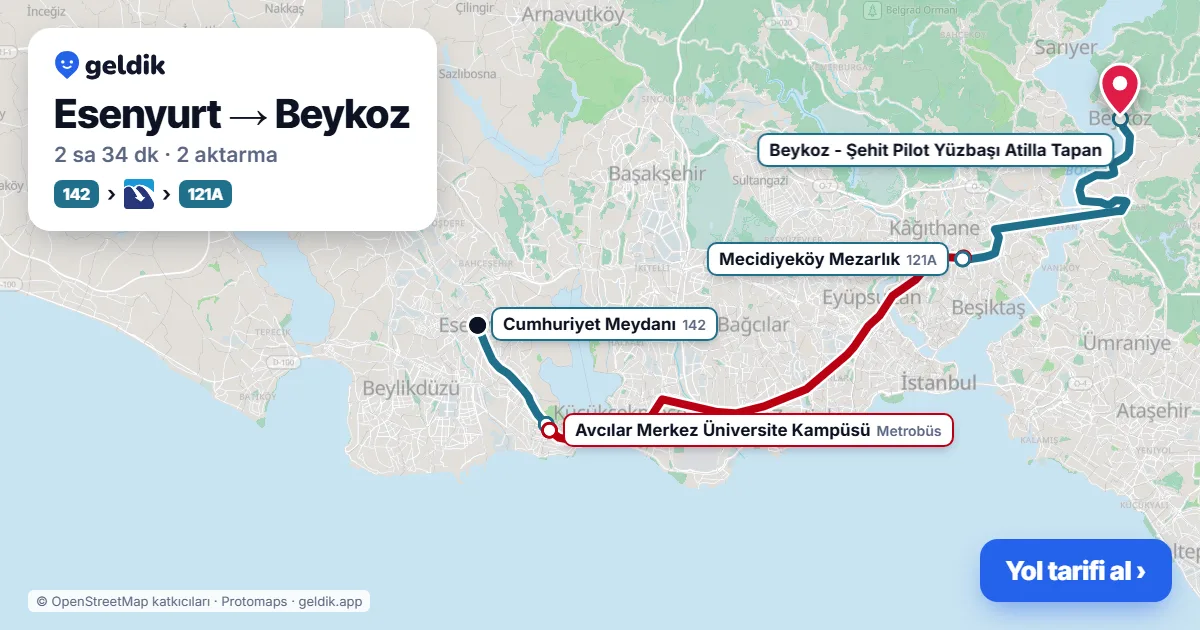Esenyurt – Beykoz yol haritası: 142 otobüsü → Metrobüs → 15F otobüsü ile ~2 sa 31 dk