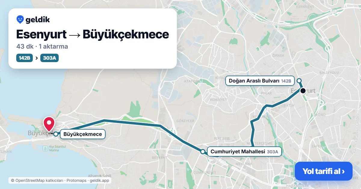 Esenyurt – Büyükçekmece yol haritası: 142B otobüsü → 303A otobüsü ile ~43 dk