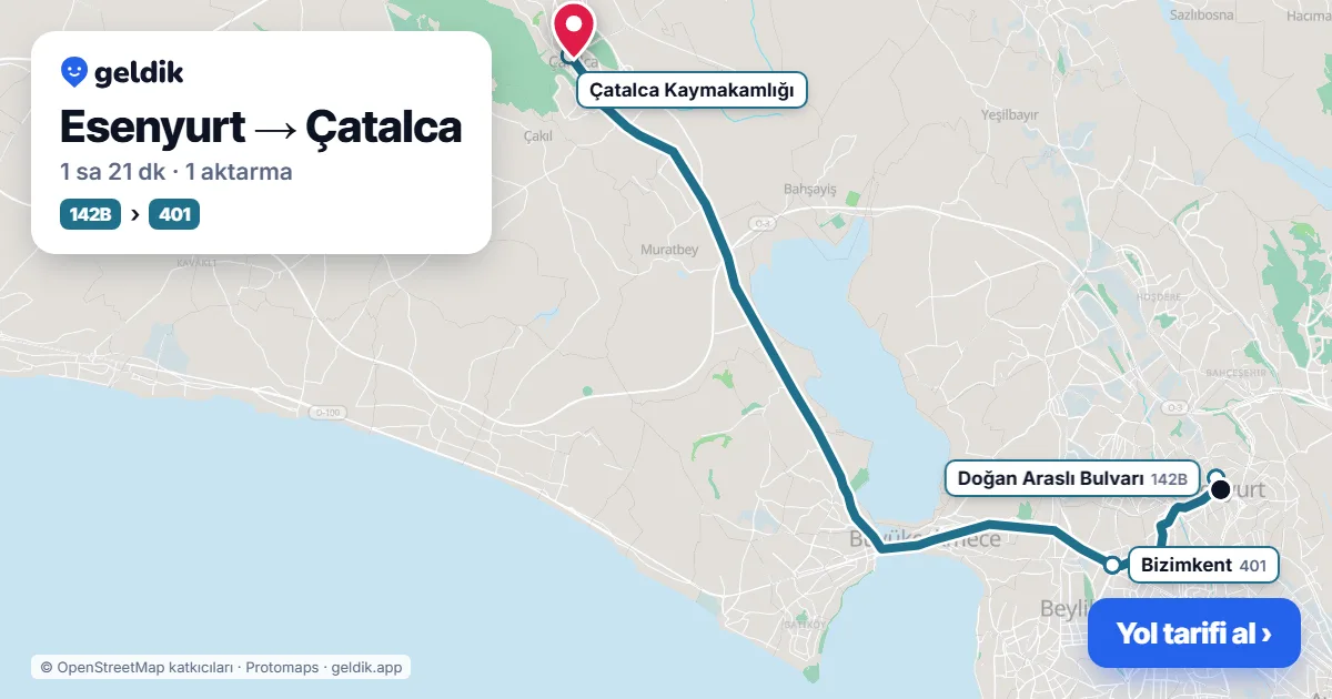 Esenyurt – Çatalca yol haritası: 142B otobüsü → 401 otobüsü ile ~1 sa 17 dk