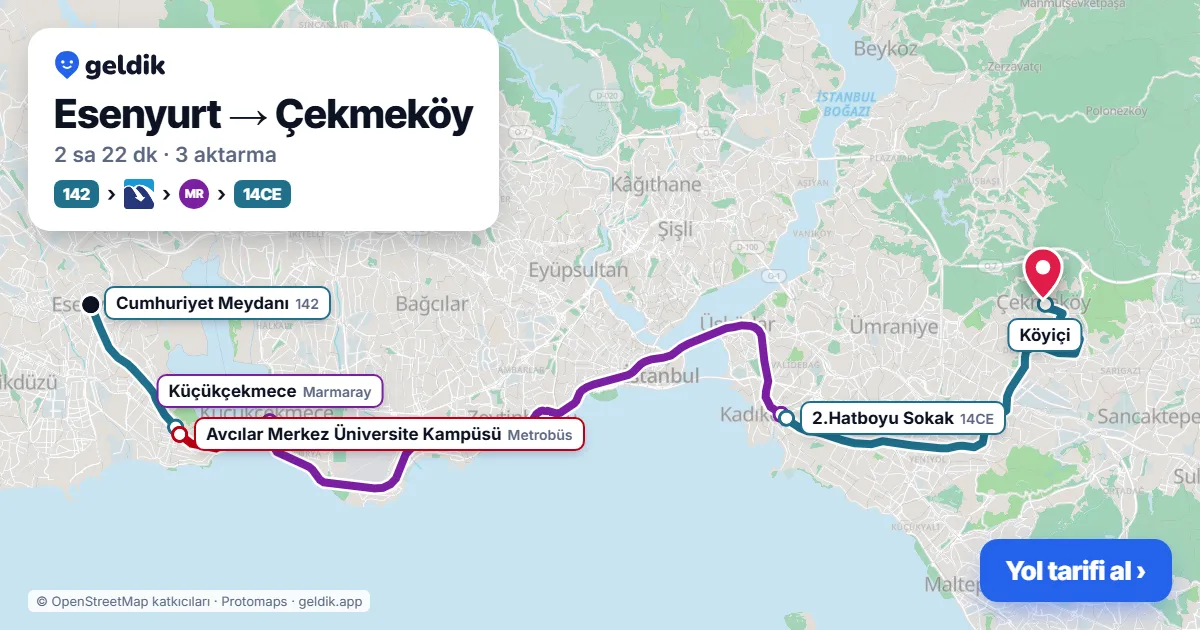 Esenyurt – Çekmeköy yol haritası: 142 otobüsü → Metrobüs → Marmaray → 14CE otobüsü ile ~2 sa 23 dk