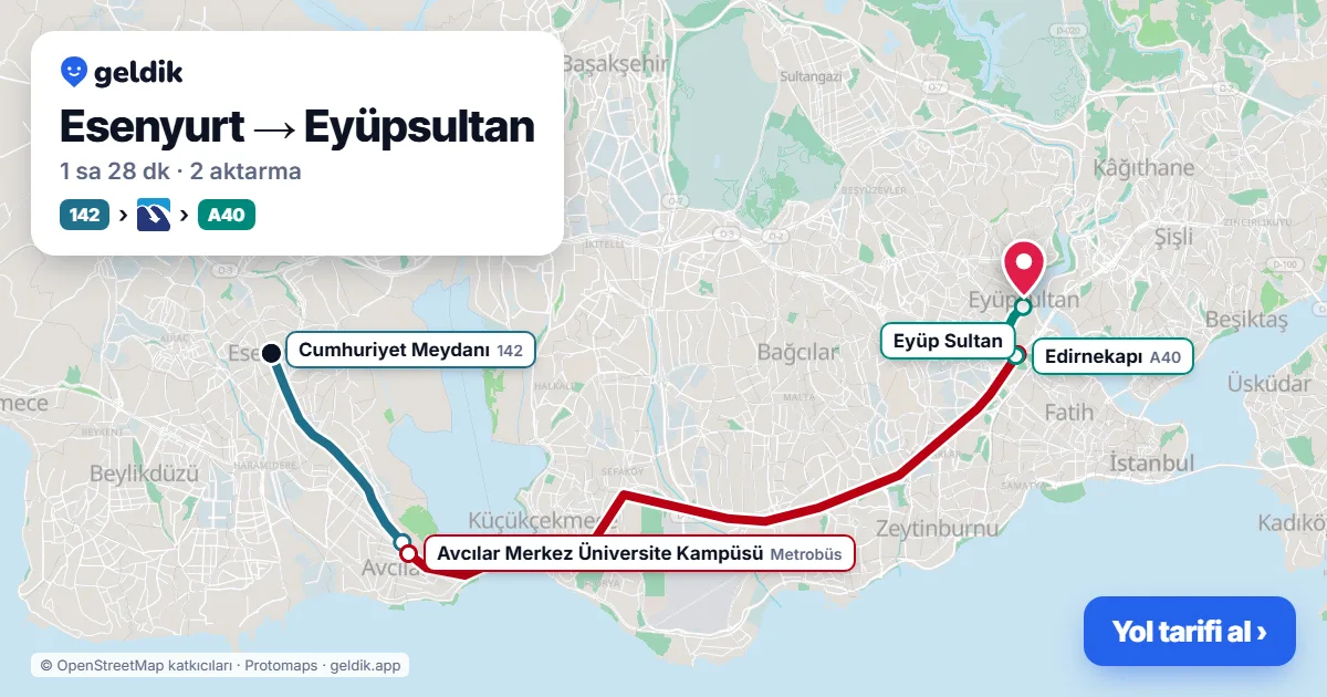 Esenyurt – Eyüpsultan yol haritası: 142 otobüsü → Metrobüs → 50B otobüsü ile ~1 sa 26 dk