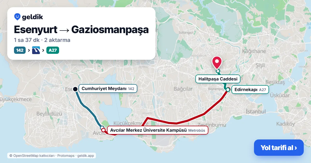 Esenyurt – Gaziosmanpaşa yol haritası: 142 otobüsü → Metrobüs → A27 minibüsü ile ~1 sa 36 dk