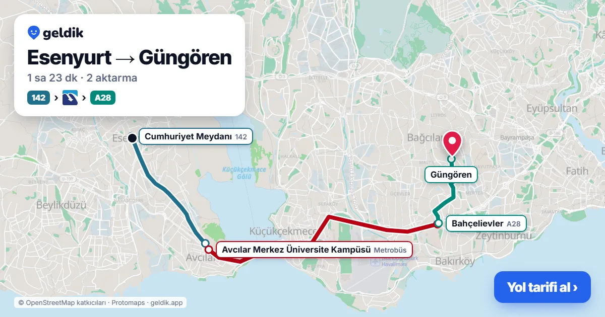 Esenyurt – Güngören yol haritası: 142 otobüsü → Metrobüs → A28 minibüsü ile ~1 sa 22 dk
