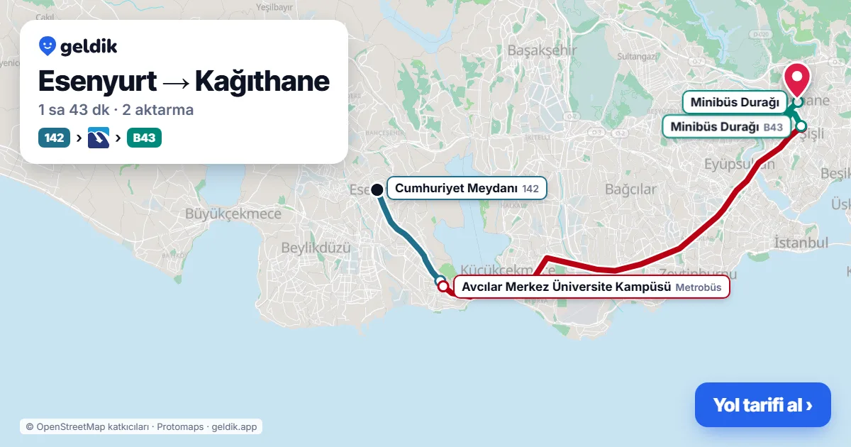 Esenyurt – Kağıthane yol haritası: 142 otobüsü → Metrobüs → B43 minibüsü ile ~1 sa 43 dk