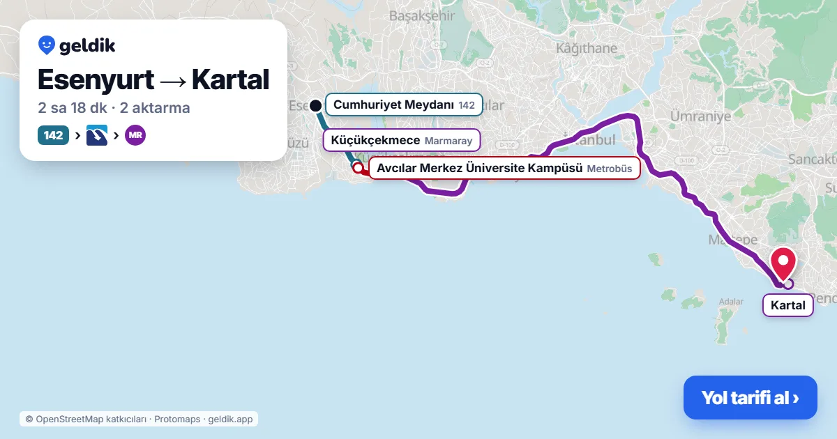 Esenyurt – Kartal yol haritası: 142 otobüsü → Metrobüs → Marmaray ile ~2 sa 17 dk