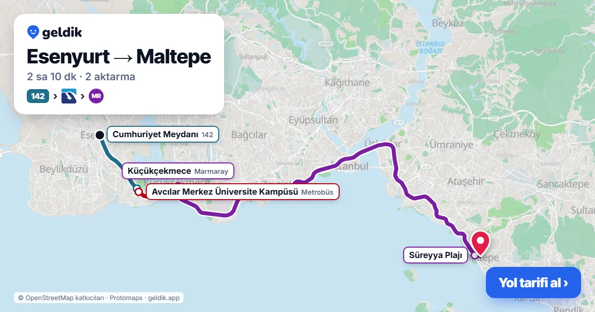 Esenyurt – Maltepe yol haritası: 142 otobüsü → Metrobüs → Marmaray ile ~2 sa 9 dk