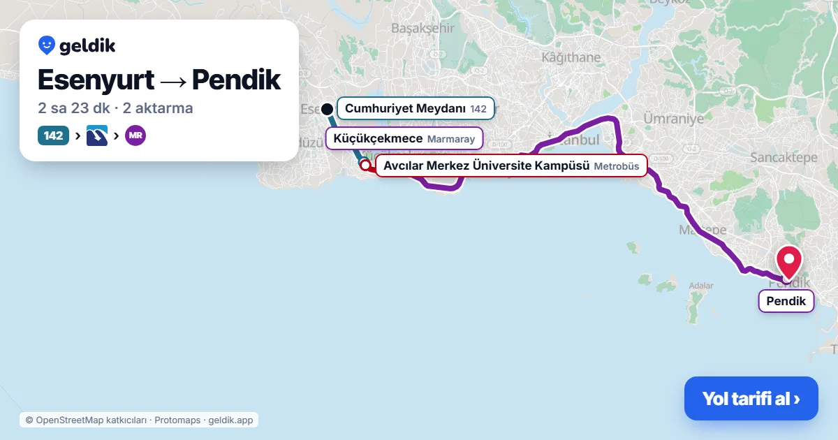 Esenyurt – Pendik yol haritası: 142 otobüsü → Metrobüs → Marmaray ile ~2 sa 22 dk