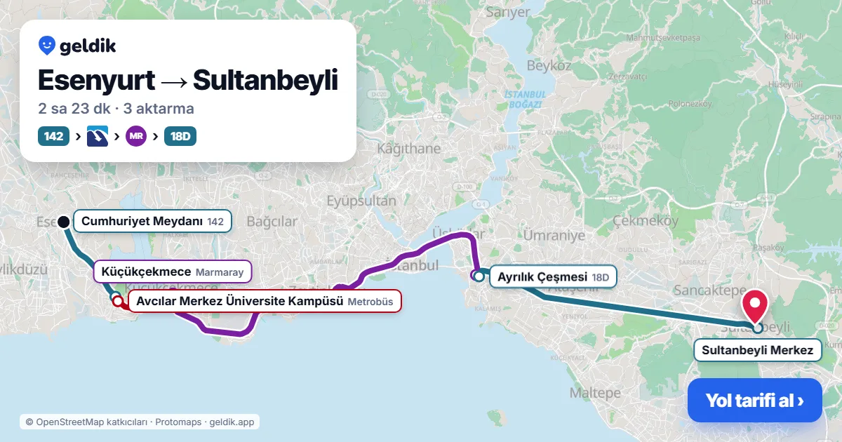 Esenyurt – Sultanbeyli yol haritası: 142 otobüsü → Metrobüs → Marmaray → 18D otobüsü ile ~2 sa 23 dk