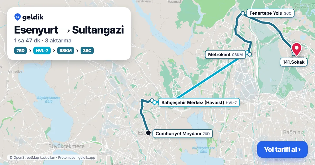 Esenyurt – Sultangazi yol haritası: 142 otobüsü → Metrobüs → T4 ile ~1 sa 57 dk