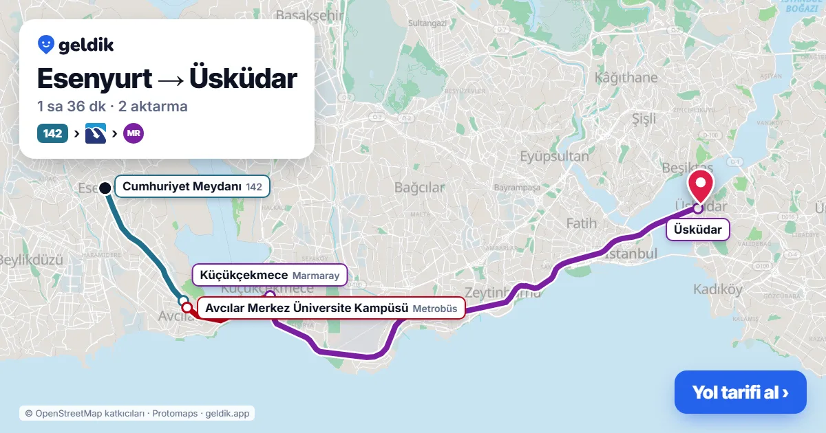 Esenyurt – Üsküdar yol haritası: 142 otobüsü → Metrobüs → Marmaray ile ~1 sa 35 dk
