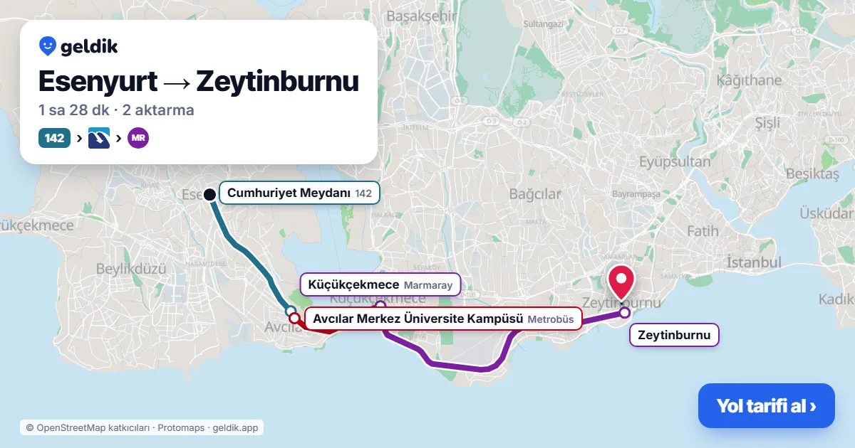 Esenyurt – Zeytinburnu yol haritası: 142 otobüsü → Metrobüs → Marmaray ile ~1 sa 27 dk