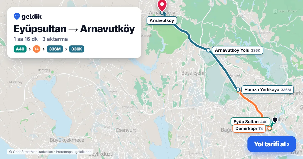 Eyüpsultan – Arnavutköy yol haritası: A40 minibüsü → T4 → 336M otobüsü → 336K otobüsü ile ~1 sa 16 dk