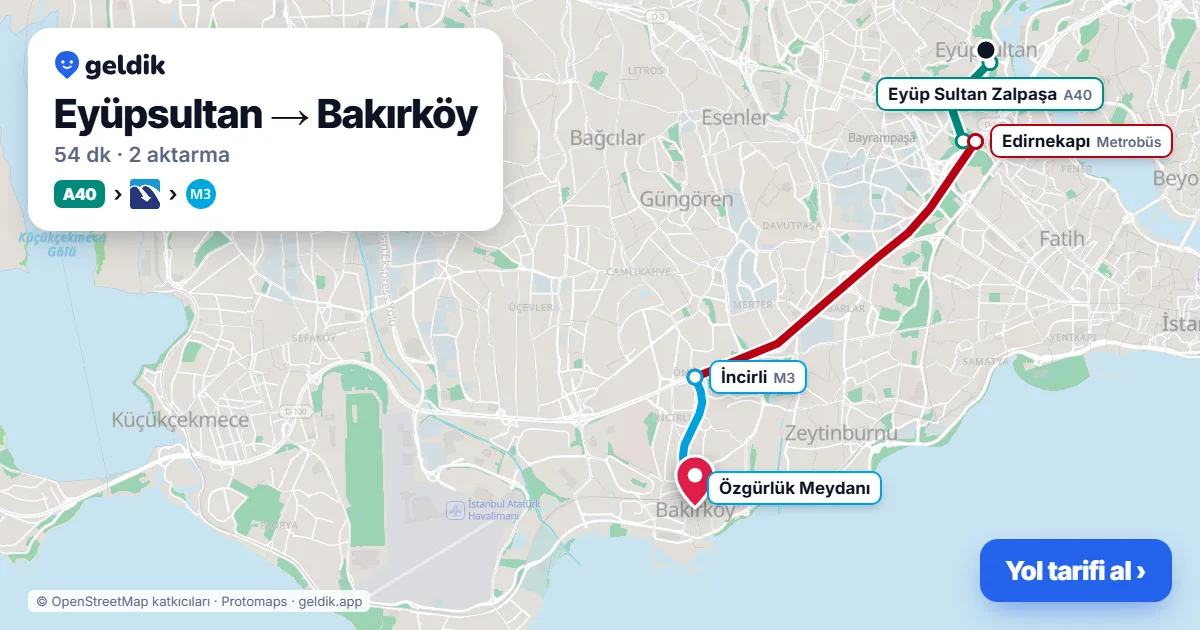 Eyüpsultan – Bakırköy yol haritası: A40 minibüsü → Metrobüs → M3 ile ~54 dk
