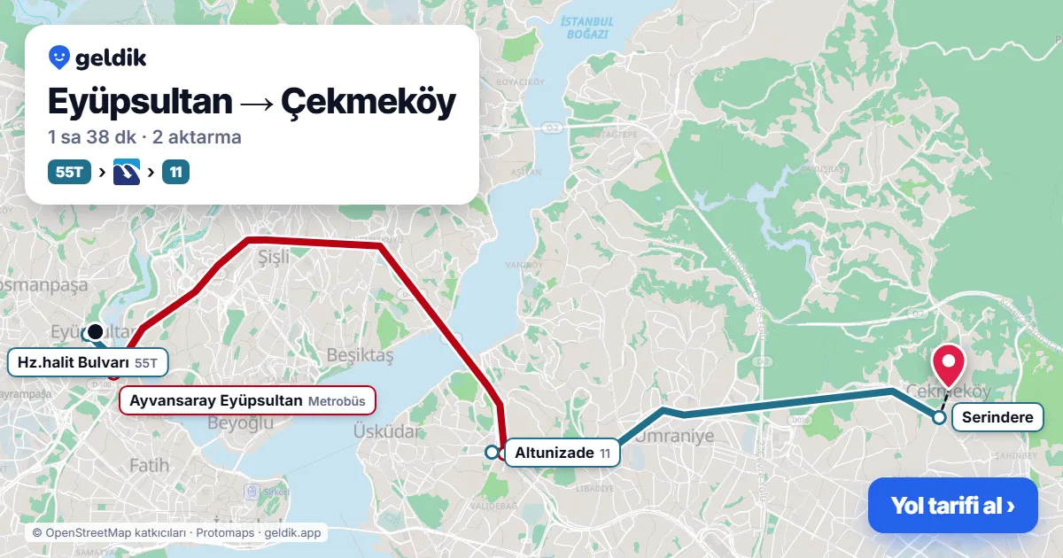 Eyüpsultan – Çekmeköy yol haritası: 55 otobüsü → Metrobüs → 11A otobüsü ile ~1 sa 38 dk
