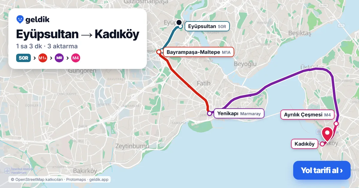 Eyüpsultan – Kadıköy yol haritası: 50R otobüsü → M1A → Marmaray → M4 ile ~1 sa 3 dk