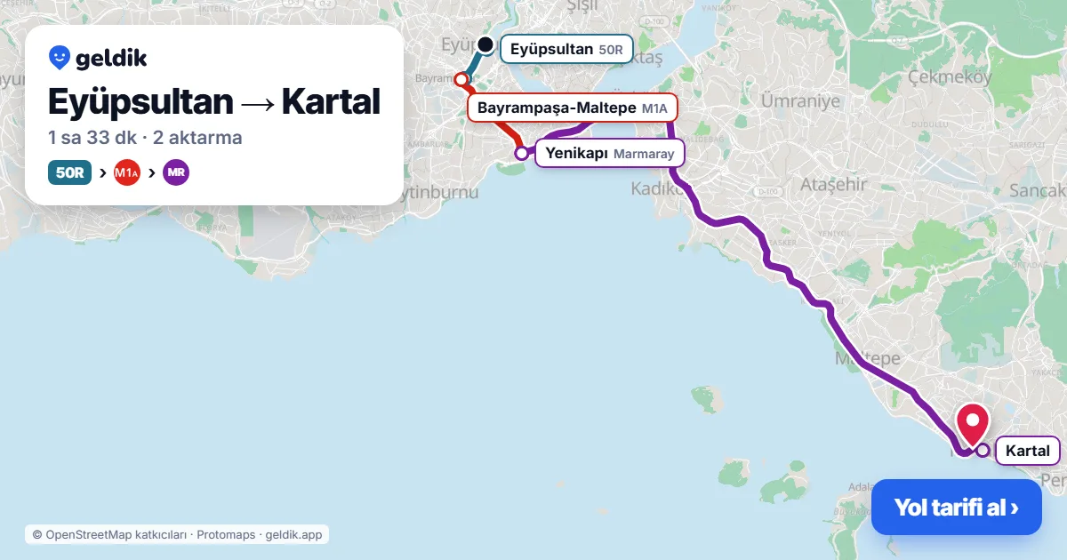 Eyüpsultan – Kartal yol haritası: 50R otobüsü → M1A → Marmaray ile ~1 sa 33 dk