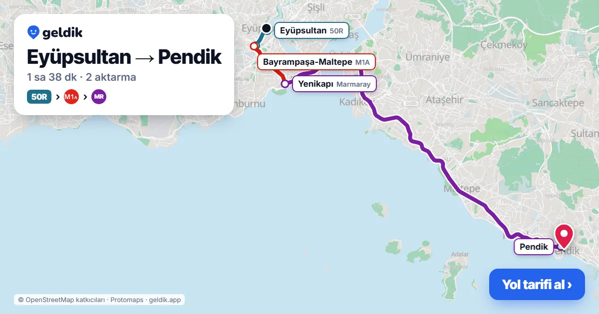 Eyüpsultan – Pendik yol haritası: 50R otobüsü → M1A → Marmaray ile ~1 sa 38 dk