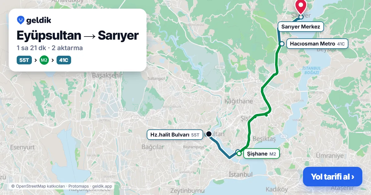 Eyüpsultan – Sarıyer yol haritası: 55T otobüsü → M2 → 152 otobüsü ile ~1 sa 21 dk