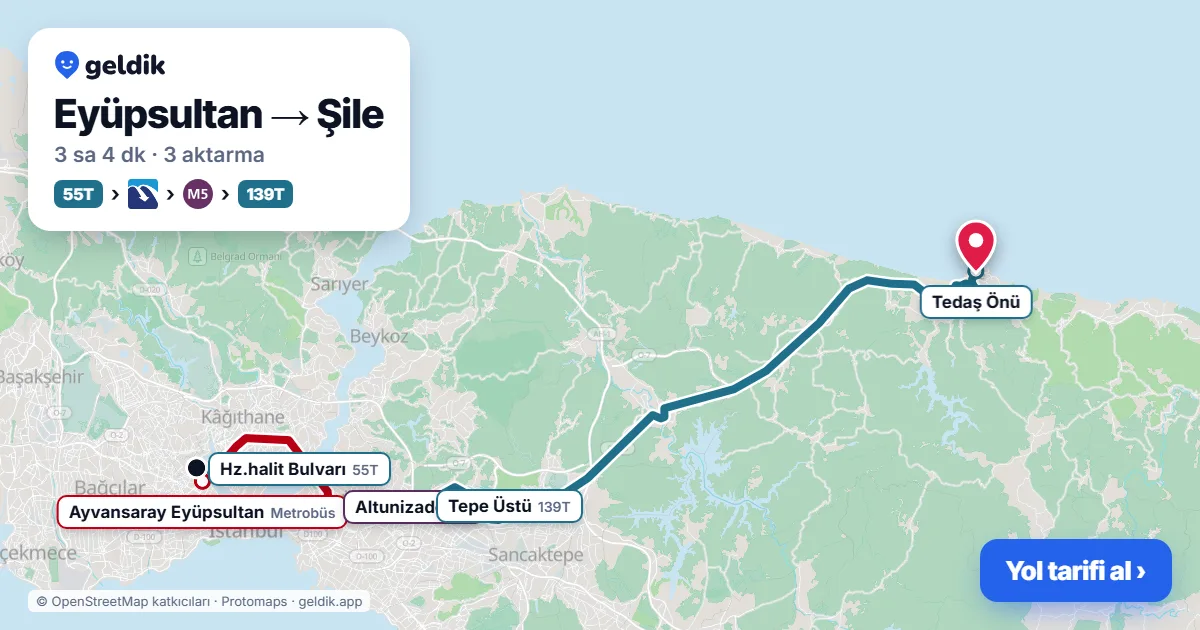 Eyüpsultan – Şile yol haritası: 55 otobüsü → Metrobüs → 11A otobüsü → 139T otobüsü ile ~3 sa 3 dk
