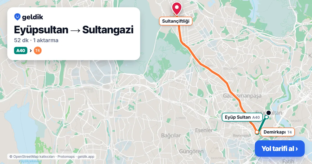 Eyüpsultan – Sultangazi yol haritası: A40 minibüsü → T4 ile ~52 dk