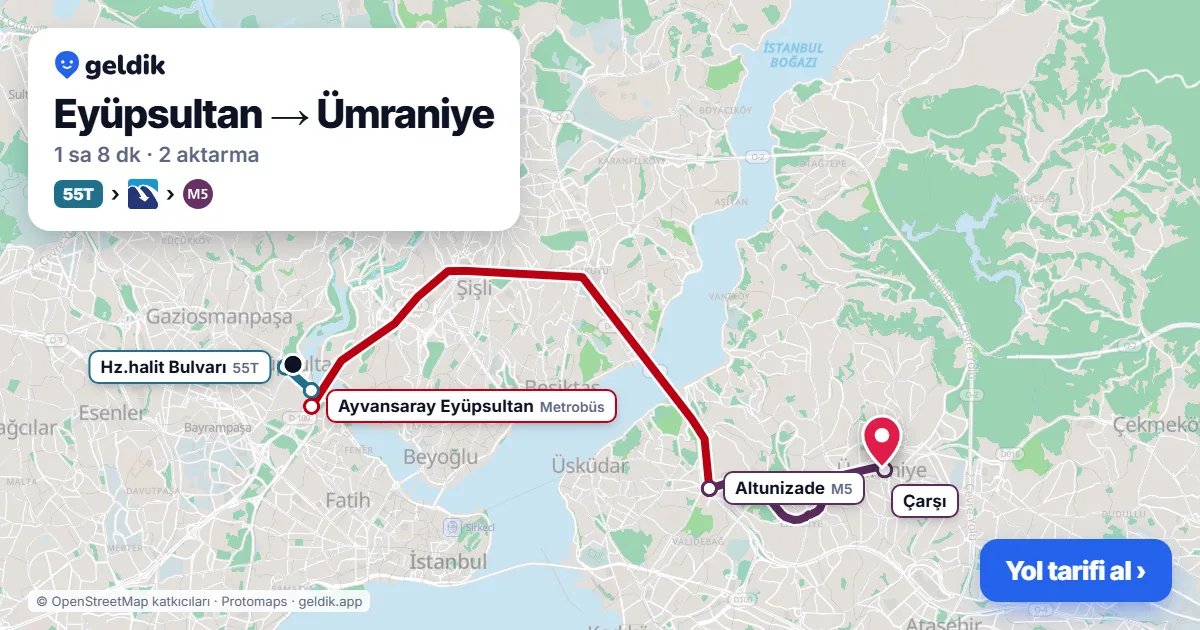 Eyüpsultan – Ümraniye yol haritası: 55 otobüsü → Metrobüs → M5 ile ~1 sa 13 dk
