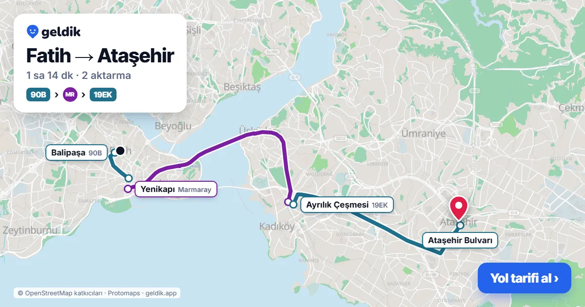 Fatih – Ataşehir yol haritası: 90B otobüsü → Marmaray → 19EK otobüsü ile ~1 sa 14 dk
