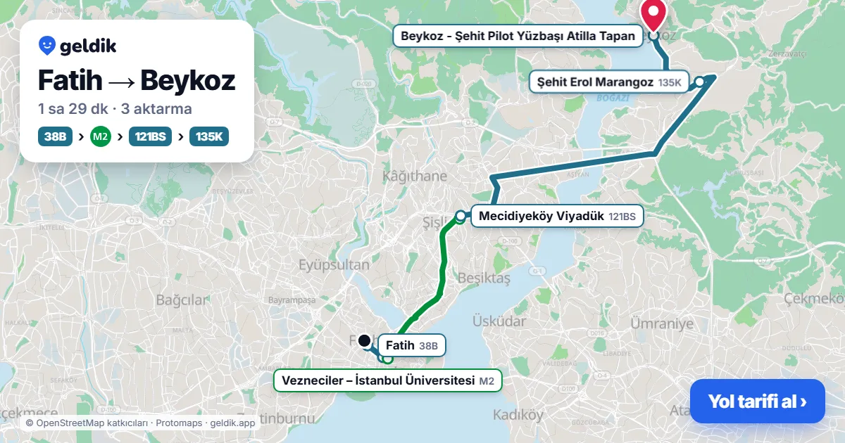 Fatih – Beykoz yol haritası: 38B otobüsü → M2 → 522ST otobüsü → 136B otobüsü ile ~1 sa 28 dk