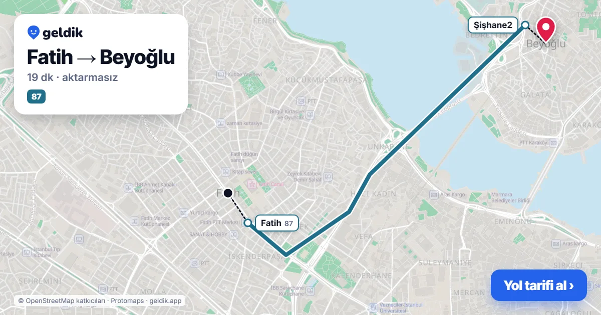 Fatih – Beyoğlu yol haritası: 87 otobüsü ile ~19 dk