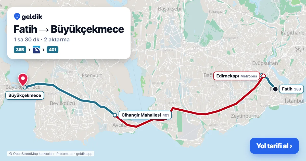Fatih – Büyükçekmece yol haritası: 38B otobüsü → Metrobüs → 401 otobüsü ile ~1 sa 28 dk