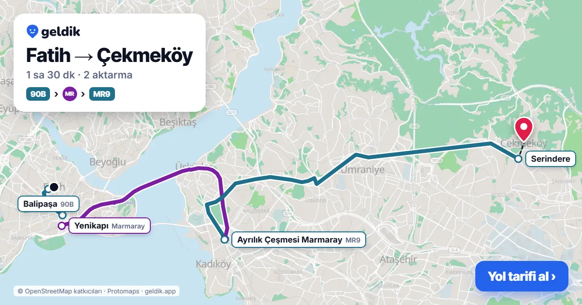 Fatih – Çekmeköy yol haritası: 90B otobüsü → Marmaray → MR9 otobüsü ile ~1 sa 30 dk
