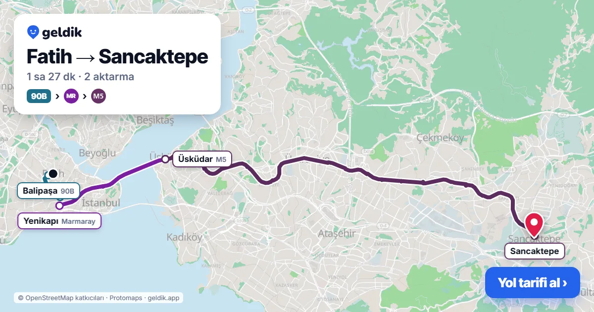 Fatih – Sancaktepe yol haritası: 90B otobüsü → Marmaray → M5 ile ~1 sa 27 dk