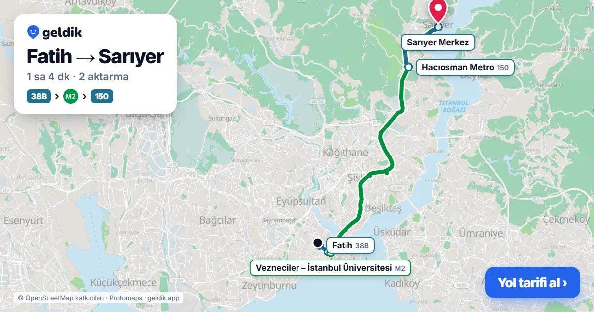 Fatih – Sarıyer yol haritası: 38B otobüsü → M2 → 151 otobüsü ile ~1 sa 9 dk