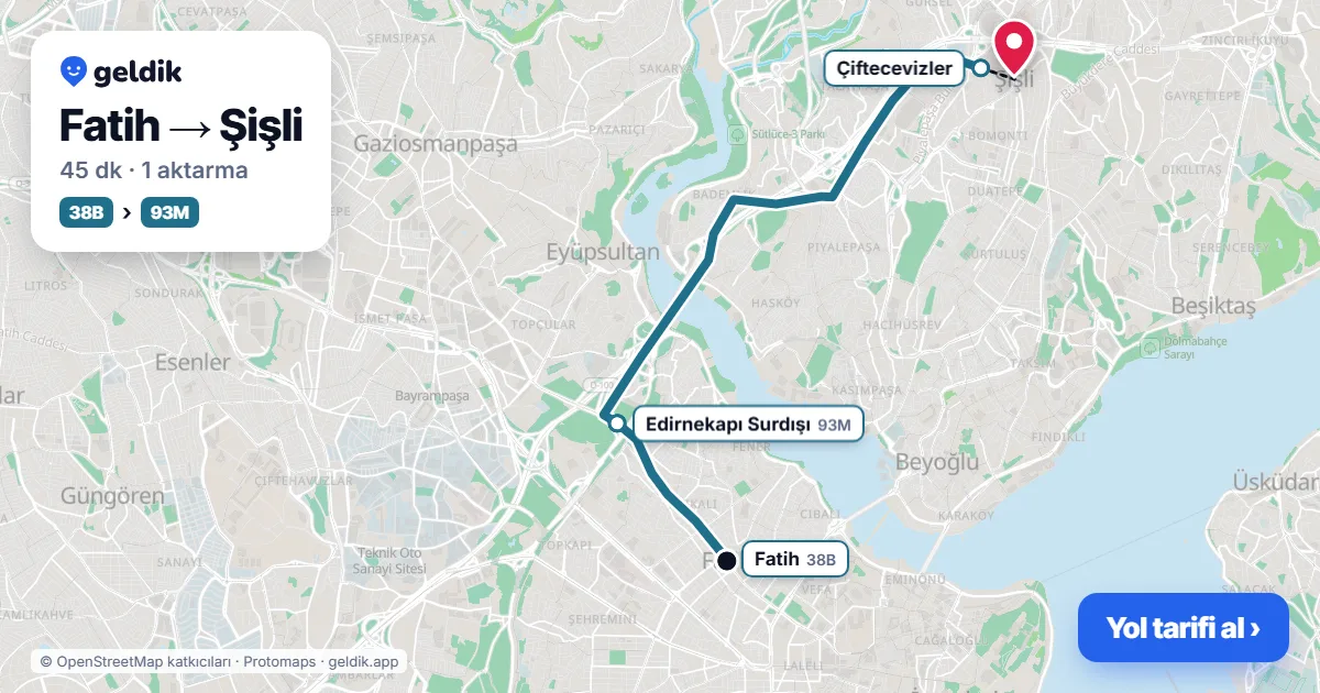Fatih – Şişli yol haritası: 38B otobüsü → 500L otobüsü → 92Ş otobüsü ile ~39 dk
